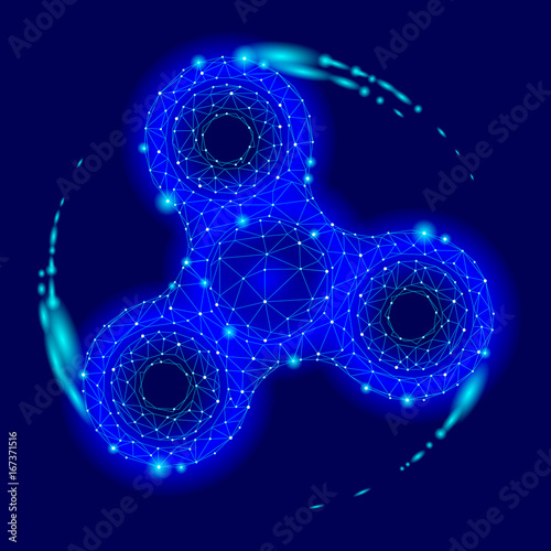 Low poly hand spinner rotation rolling 3d model. Toy fidget antistress hobby. Future technology style polygonal triangle connected dots. Blue glow color background vector icon illustration