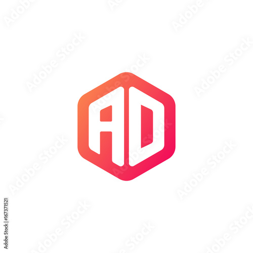 Initial letter ad, rounded hexagon logo, gradient red orange colors
 
