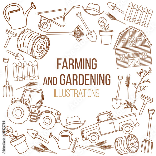 Set of farming equipment liine icons. Farming tools and agricultural machines decoration. Vector photo