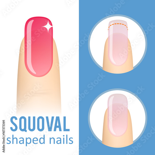 Nail manicure. How to make squoval nail shape. Vector photo