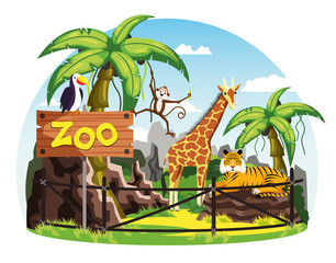 Foto auf Acrylglas Zoo Giraffe and monkey, tiger and toucan at zoo  © Elegant Solution