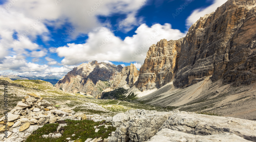 Dolomites, Italy, landscape in cloudy day on summer season. Long exposure for capture Moving clouds