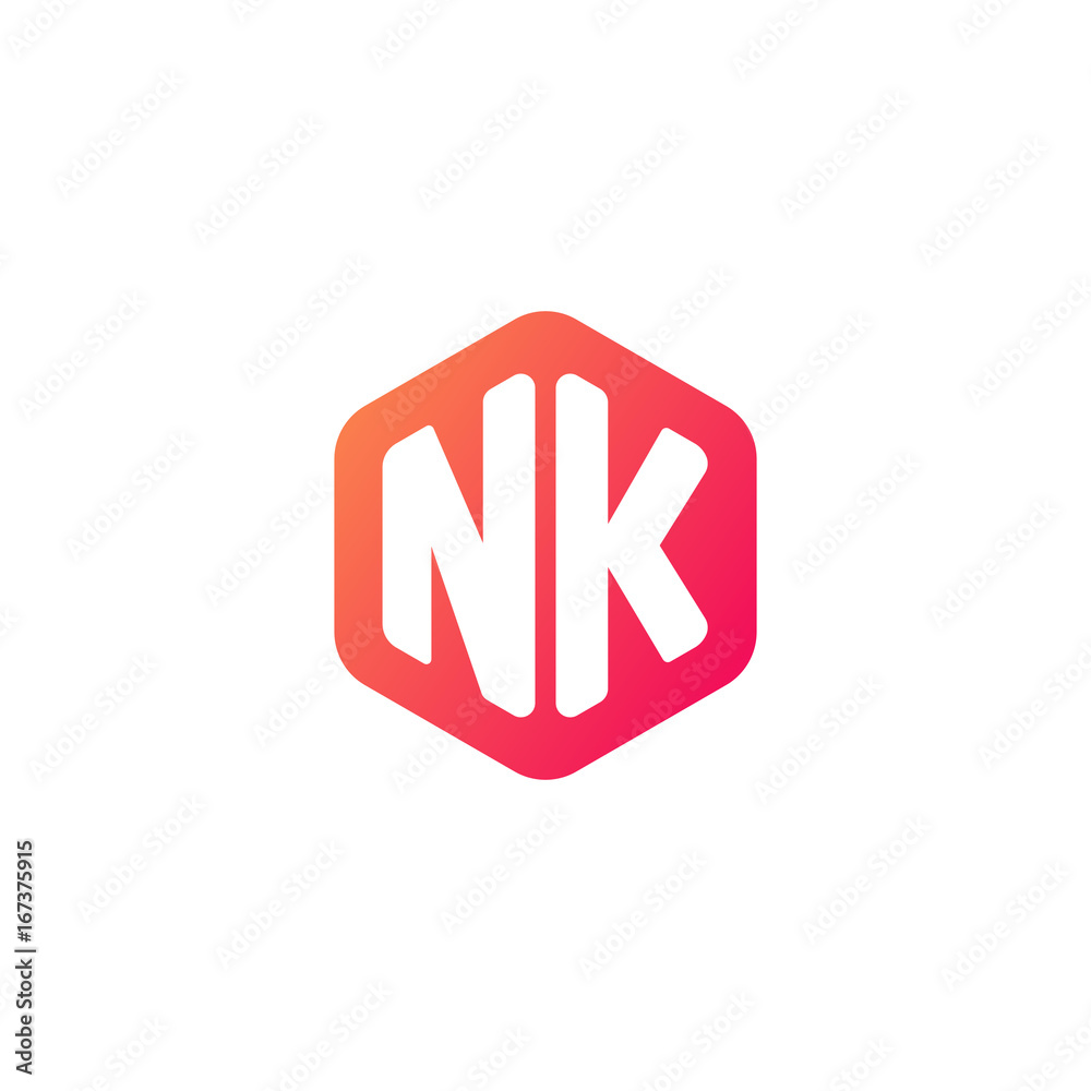 Initial letter nk, rounded hexagon logo, gradient red orange colors Initial letter nk, rounded hexagon logo, gradient red orange colors