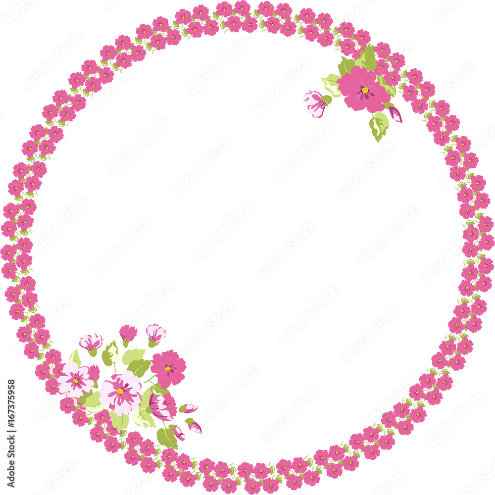 Floral round frame from cute flowers. Vector greeting card template. Design artwork for the poster, tee shirt, pillow, home decor. Summer flowers with green leaves. Floral round frame from cute flowers. Vector greeting card template. Design artwork for the poster, tee shirt, pillow, home decor. Summer flowers with green leaves.