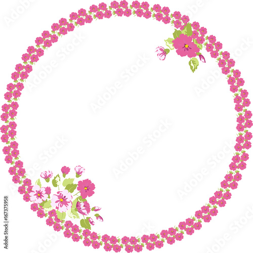 Floral round frame from cute flowers. Vector greeting card template. Design artwork for the poster, tee shirt, pillow, home decor. Summer flowers with green leaves.