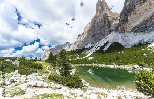 Lagazuoi Lake in Dolomites. Landscape of alpine lakes  in summer season photo