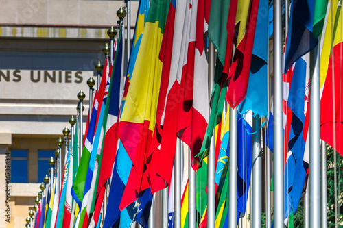 National flags at the entrance in UN office at Geneva, Switzerland