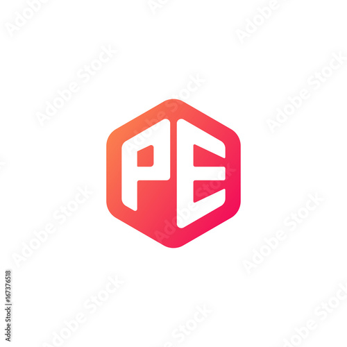 Initial letter pe, rounded hexagon logo, gradient red orange colors	
 
