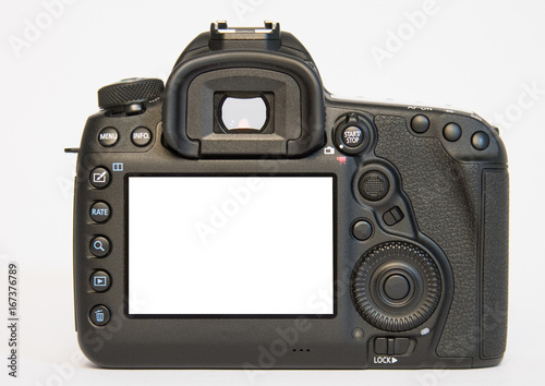 Modern DSLR Digital Camera from back Isolated On White Background photo