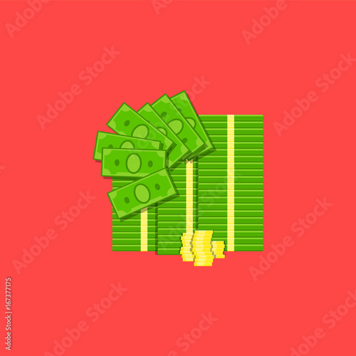 Bundle of cash and coins illustration colored on red background. Finance vector icon.