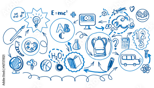 Pen drawn sketch Back to School infographic. Vector illustration of school supplies and subjects interaction. Sketch design for web and mobile services. Icons for online education