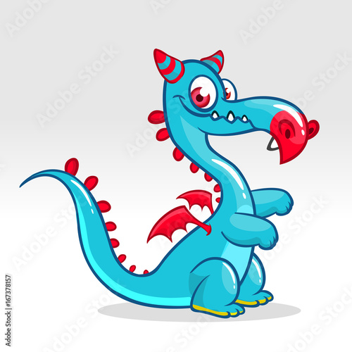Happy cartoon dragon. Vector illustration of dragon monster with small wings
