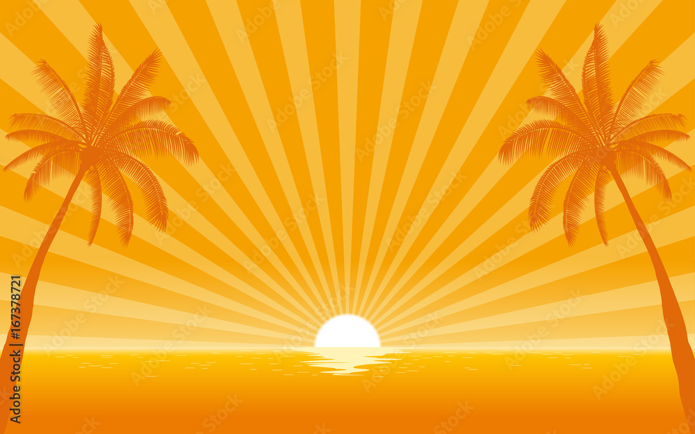 Silhouette palm tree on beach in flat icon design with sunshine ray background