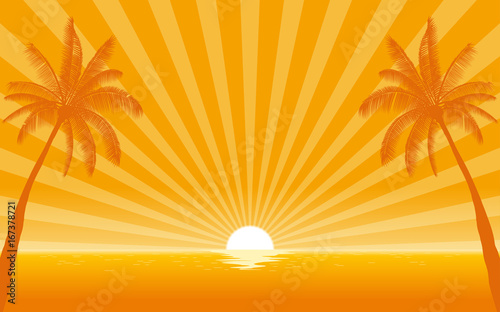 Silhouette palm tree on beach in flat icon design with sunshine ray background