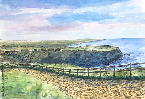 Irish landscape with stony road and fence