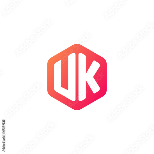 Initial letter uk, rounded hexagon logo, gradient red orange colors	
 
