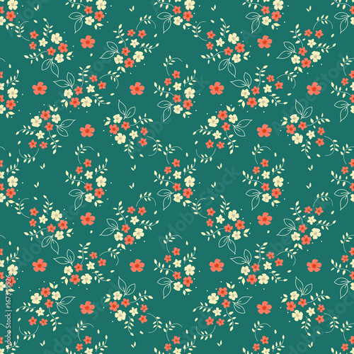 Seamless floral pattern millefleurs red white flower bouquet leaves sprigs arranged in diamond shape ornament on dark green background, fabric, tapestry, quilting