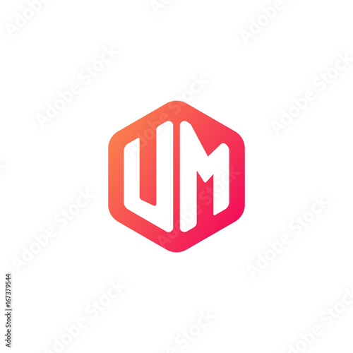 Schilderij op canvas Initial letter um, rounded hexagon logo, gradient red orange colors