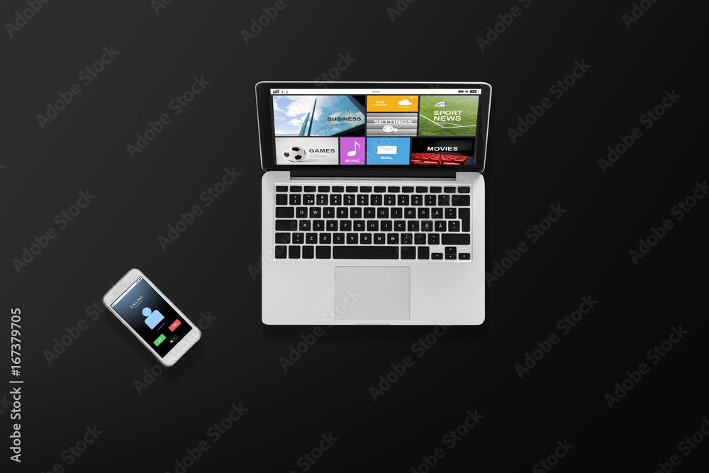 laptop computer with media and smartphone top view laptop computer with media and smartphone top view