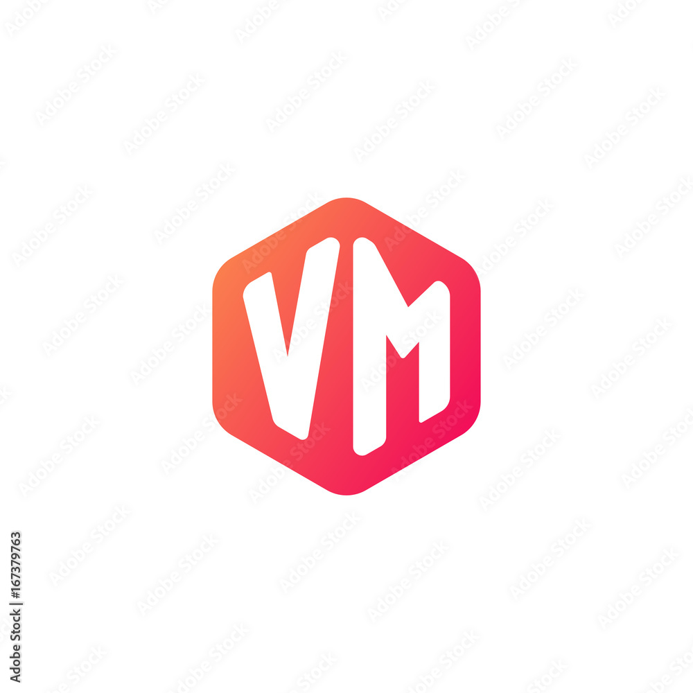Obraz premium Initial letter vm, rounded hexagon logo, gradient red orange colors 