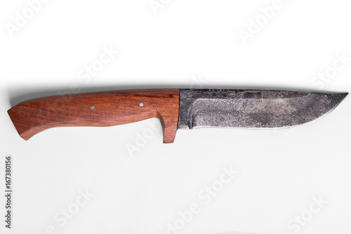 handmade hunting knife with wooden grip photo