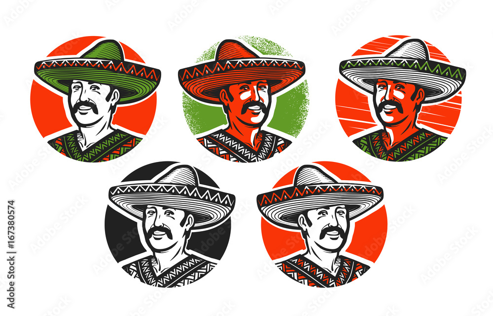 Mexican in sombrero logo or label. Cartoon vector illustration