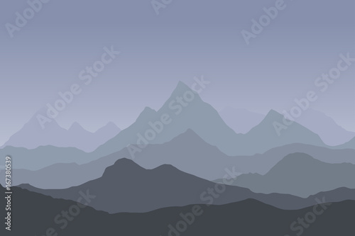 panoramic view of the mountain landscape with fog in the valley below with the alpenglow grey sky and rising sun - vector