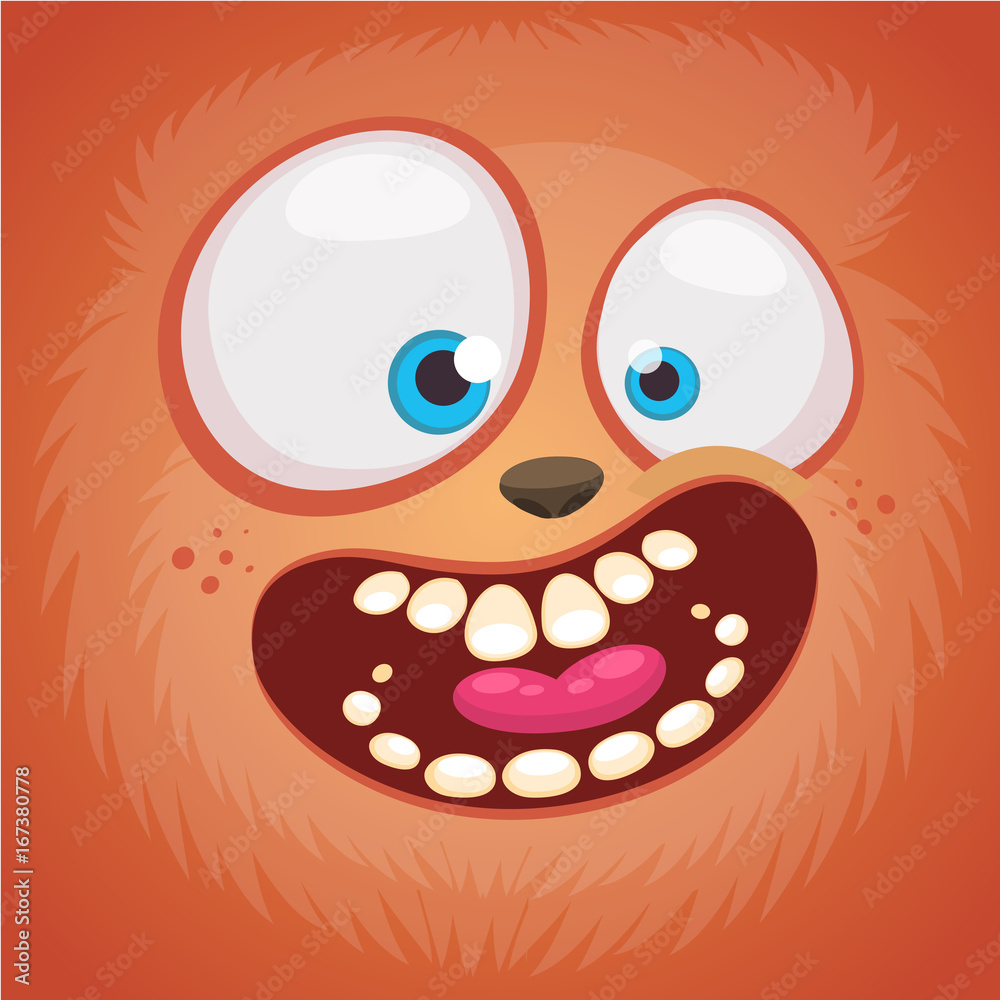 Cartoon monster face isolated . Vector Halloween pink furry happy monster square avatar. Design for t-shirt, sticker, print or party invitation Cartoon monster face isolated . Vector Halloween pink furry happy monster square avatar. Design for t-shirt, sticker, print or party invitation