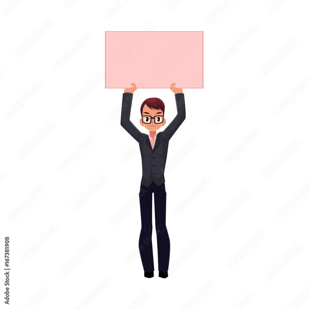 Vector office worker with empty blank pink banner isolated illustration on a white background. Business emplyee character in glasses holds pink paper in hands. Business promotion template design