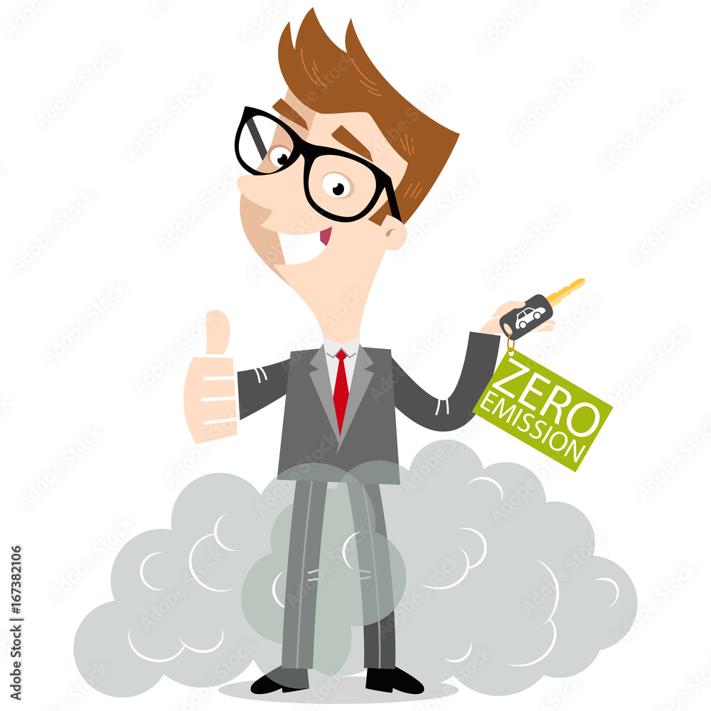Vector illustration of cartoon businessman giving thumbs up holding car keys with zero-emission label Vector illustration of cartoon businessman giving thumbs up holding car keys with zero-emission label