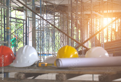 Architect desk ,Business,engineering concept,constuction site, soft focus, vintage tone, working with blueprints in the office