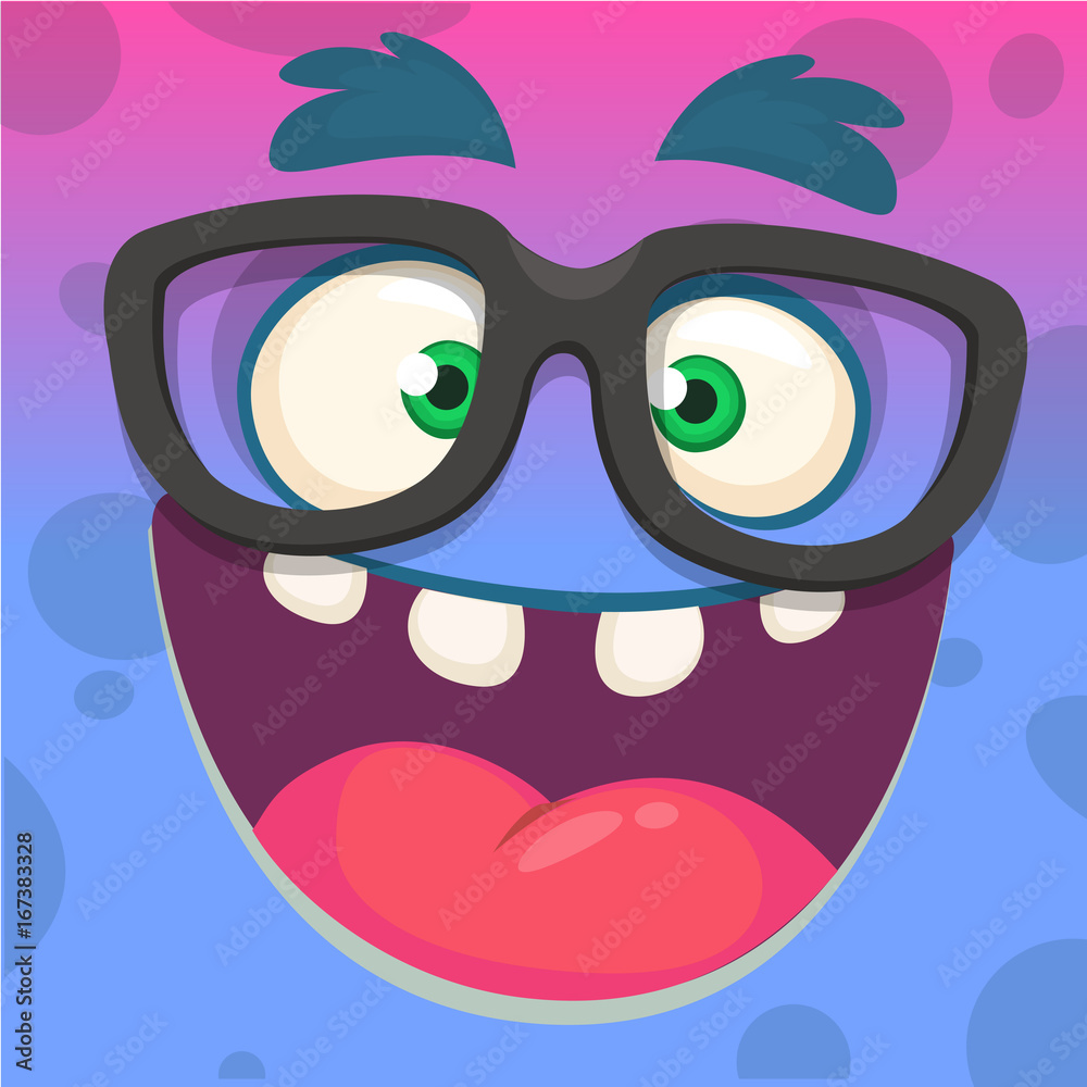 Cartoon funny smart and clever monster face wearing glasses. Vector illustration Cartoon funny smart and clever monster face wearing glasses. Vector illustration