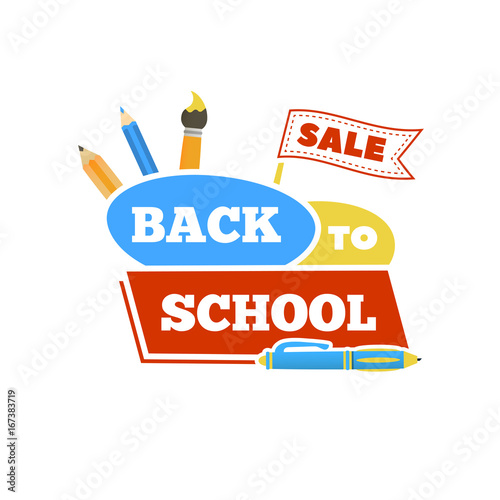 Sale Back to school emblem with accessories. Vector illustration.