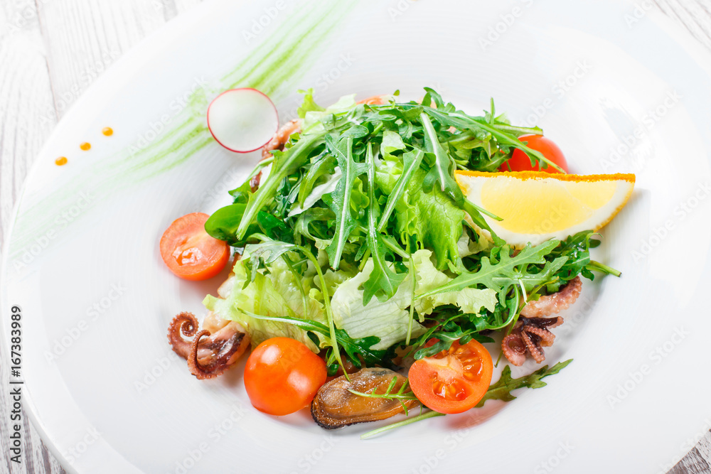 Seafood salad with mussels, squids, octopus, arugula, lettuce and cherry tomatoes on wooden background close up. Mediterranean food Seafood salad with mussels, squids, octopus, arugula, lettuce and cherry tomatoes on wooden background close up. Mediterranean food