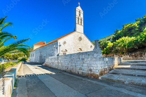 Church monument Vis town.   Scenic view at old church in Vis town  tourist resort in Croatia.