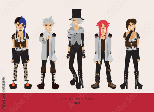 Lovely visual kei men. Different hairstyles, emotions, accessories, posing isolated on background. Creative collection with subculture oshare style, gothic subculture