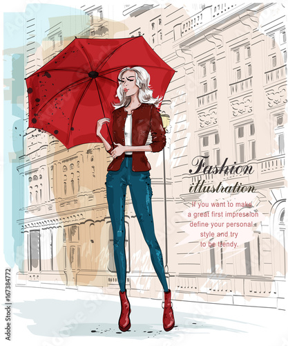 Hand drawn beautiful young woman with umbrella. Fashion woman with architectural background. Stylish girl in fashion clothes. Sketch. Vector illustration.