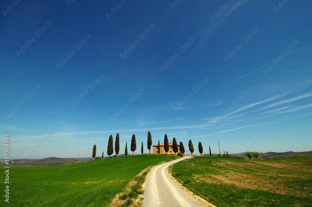 Farmhouse (Villa i Cipressini) in Tuscany on a hill with cypress trees green fields and white road in Pienza, Valdorcia (Orcia Valley), Italy.