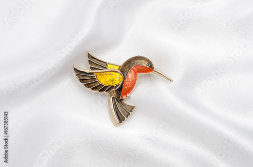 Photographie brooch with Hummingbird on silk fabric