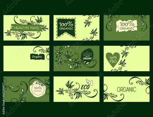 Set of vector environmental business cards. Natural products  healthy food  100  natural
