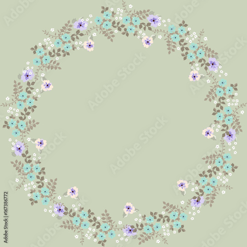 Floral round frame from cute flowers. Vector greeting card template. Design artwork for the poster, tee shirt, pillow, home decor. Summer flowers with green leaves.