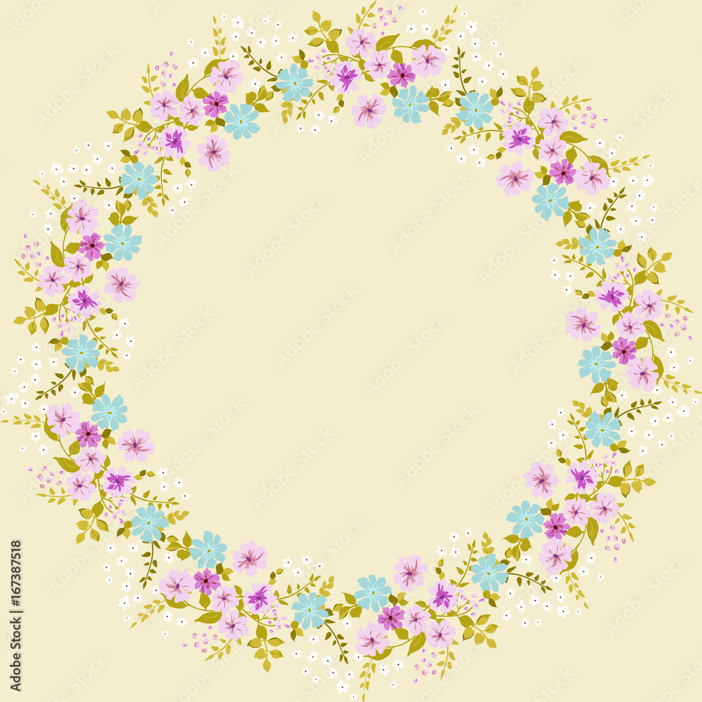 Floral round frame from cute flowers. Vector greeting card template. Design artwork for the poster, tee shirt, pillow, home decor. Summer flowers with green leaves.