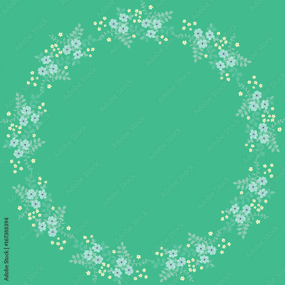 Floral round frame from cute flowers. Vector greeting card template. Design artwork for the poster, tee shirt, pillow, home decor. Summer flowers with green leaves. Floral round frame from cute flowers. Vector greeting card template. Design artwork for the poster, tee shirt, pillow, home decor. Summer flowers with green leaves.