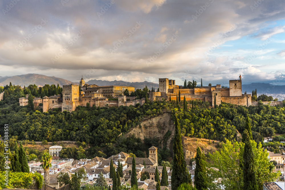 View of Alhambra castle in Granada at sunset