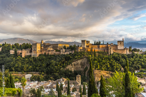 View of Alhambra castle in Granada at sunset