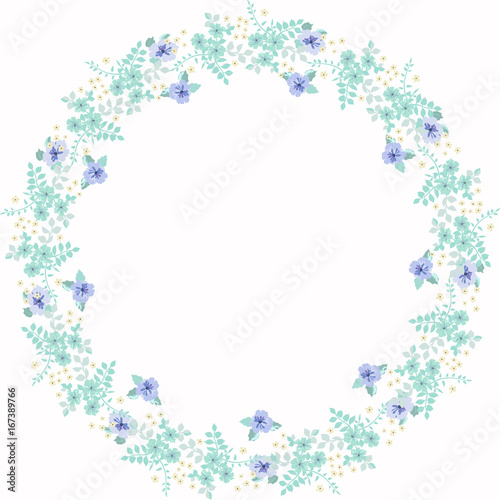 Floral round frame from cute flowers. Vector greeting card template. Design artwork for the poster, tee shirt, pillow, home decor. Summer flowers with green leaves.