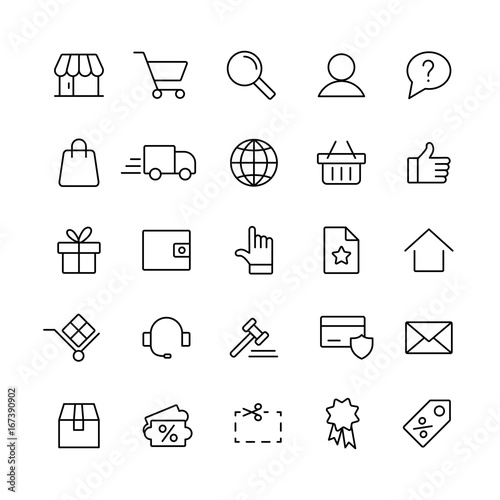 e-commerce online shopping line black 25 icons set