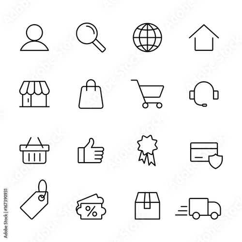 e-commerce online shopping line black 16 icons set