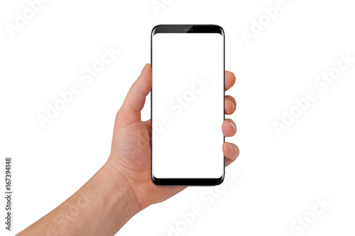 Modern black phone with rounded edges in man hand. White screen for mockup, isolated on white background