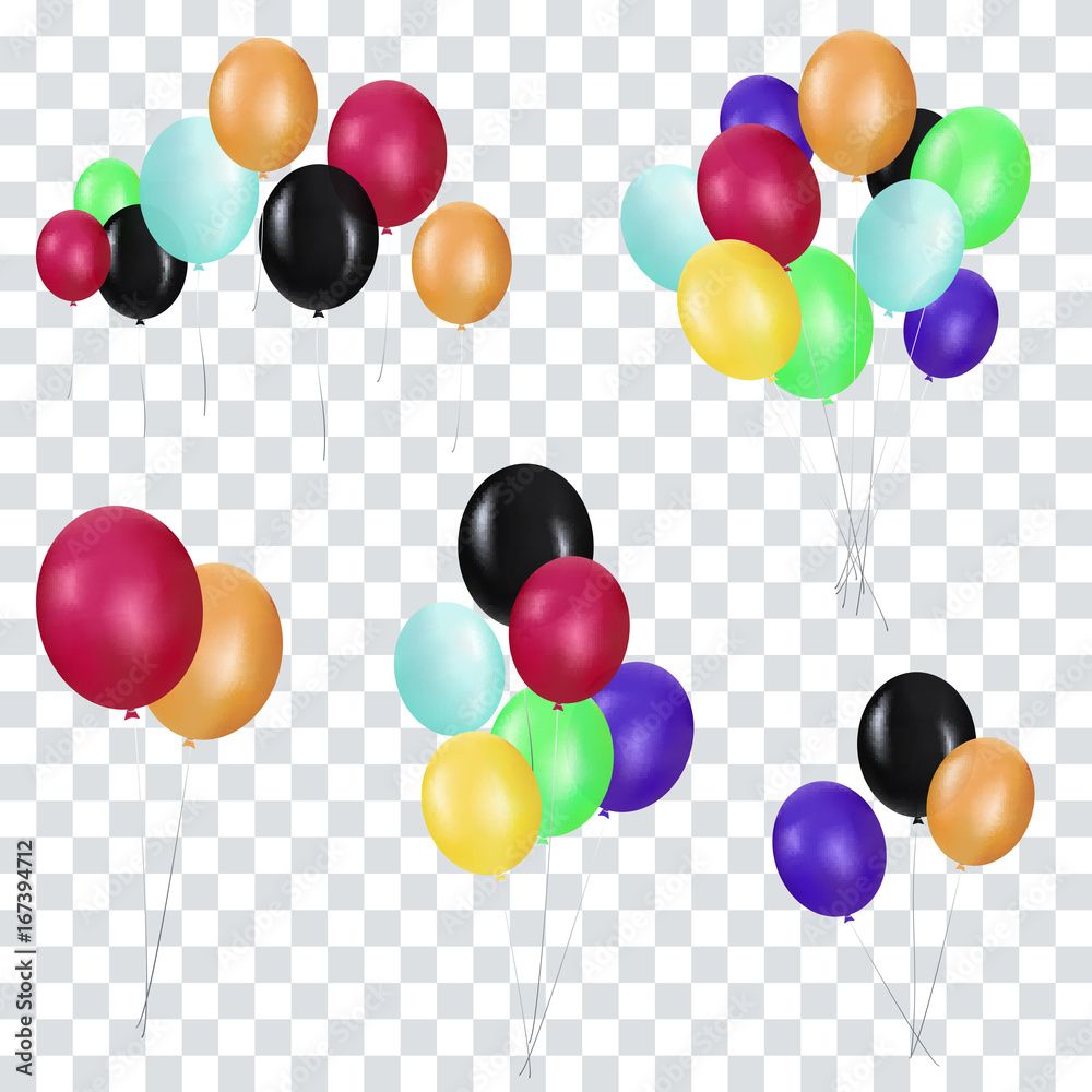 Bunches and groups of colorful helium balloons isolated on transparent background.